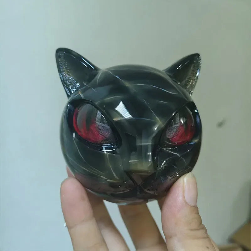 Black Cat Figurine Resin Cat Head Healing Stone Marble Texture Cat Stone Resin Cat Sculpture Ornament Cat Sculpture Craft