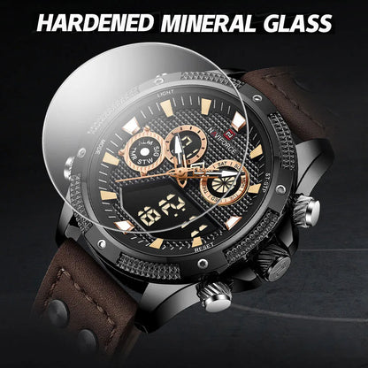 Digital Watch Waterproof Chronograph Sports Leather Strap Wristwatch Dual Display Digital Luminous Clock