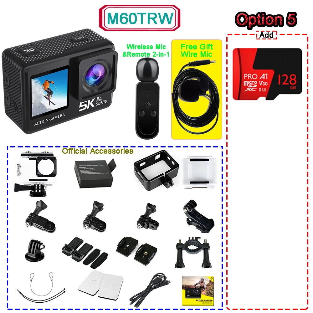 5K 4K60FPS Action Camera 50MP Dual Screen Touch Display WiFi EIS Waterproof Sports Camera with Wireless Microphone Support