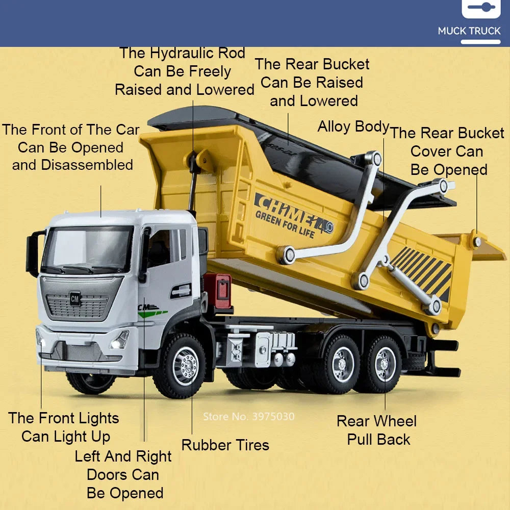 1/32 Dregs Transportation Vehicle Alloy Diecast Toy Model Cars Light Sound Muck Truck Doors Opened Engineering Vehicles