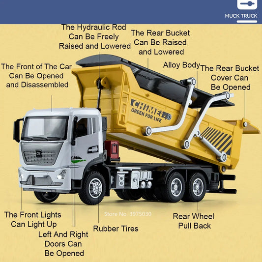 1/32 Dregs Transportation Vehicle Alloy Diecast Toy Model Cars Light Sound Muck Truck Doors Opened Engineering Vehicles