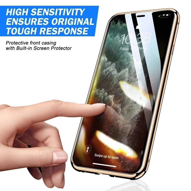 360°Full Protection Metal  Snap Lock Phone Case For iPhone 16 Pro Max 14 15 Pro Max Double-Sided Glass Bumper Case