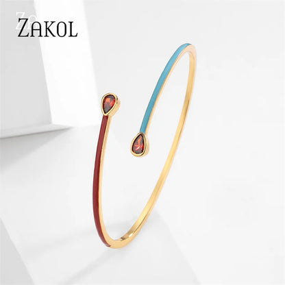 Luxury Water Drop Cubic Zirconia Enamel Cuff Bangle for Women Ethnic Style Dripping Oil Bangle