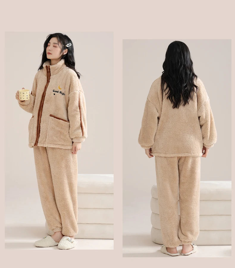 Women’s Winter Flannel Pajama Set – Thick, Soft Coral Fleece with Zipper & Oversized Fit