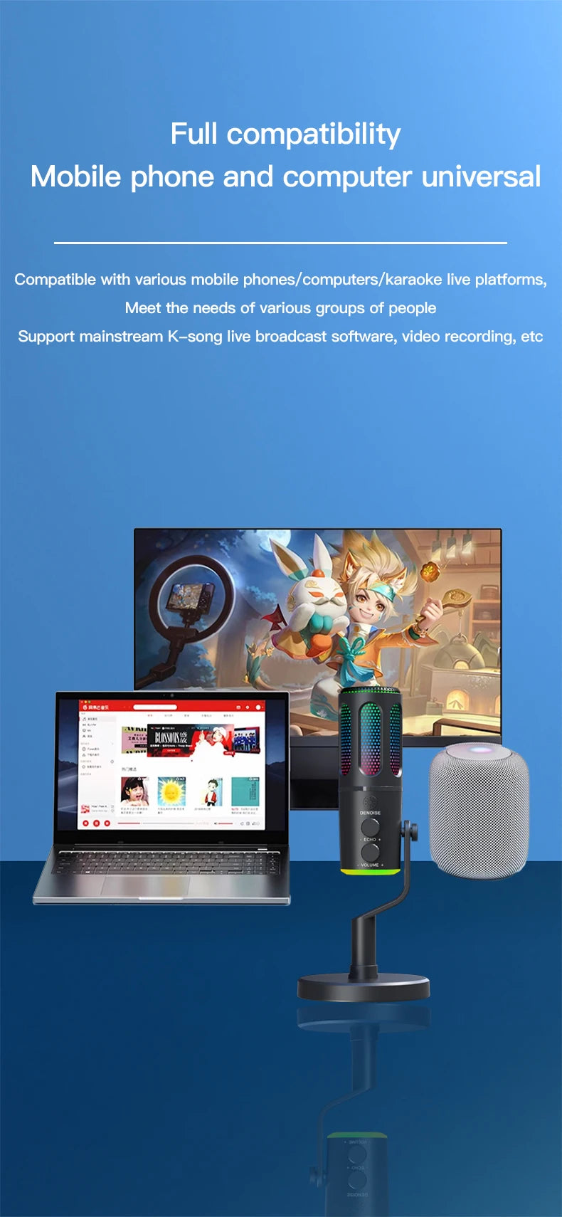 USB condenser microphone with RGB light, DSPnoise reduction, independent monitoring, used for media recording and live streaming