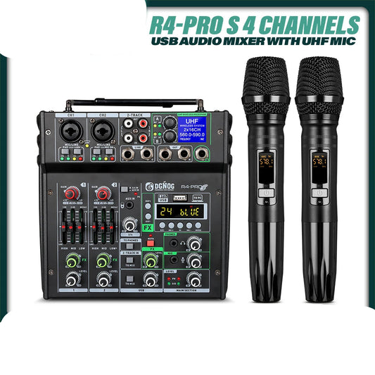 4 Channel Audio Mixer With Dual Wireless Microphones Bluetooth USB And 24 DSP Effects