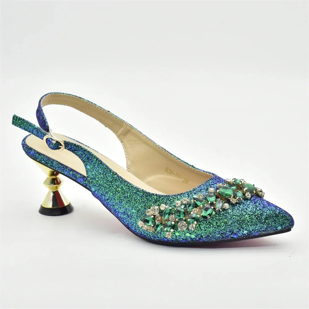 Nigeria Fashion Bag and Mid-Heel Pointed Shoes Girly Party Shoes and Bag Set Decorated with Rhinestone Wedding Shoes Bride
