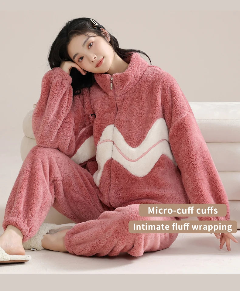 Women’s Christmas Fleece Pajama Set – Warm Flannel Zipper Sleepwear, Thick Coral Velvet