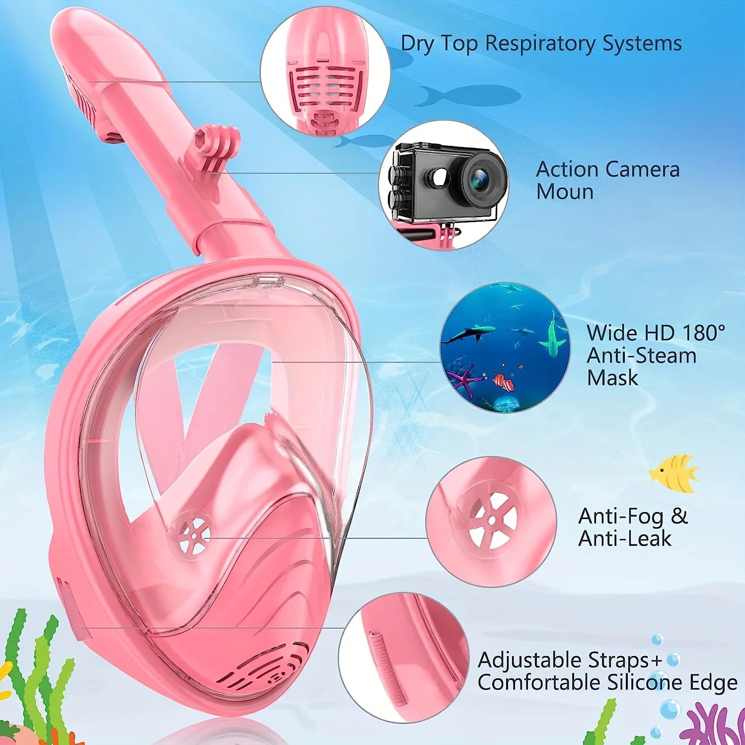 Snorkel Mask  Anti-Fog Leak-Proof Soft Silicone Design Easy to Wear Diving Mask Underwater Scuba Full Face  360° Panoramic