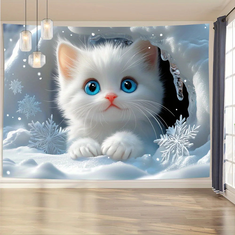 Snow Scenery Plush Cat Tapestry Nordic Style Snow Blue White Living Room Sofa Background Wall Room Decoration