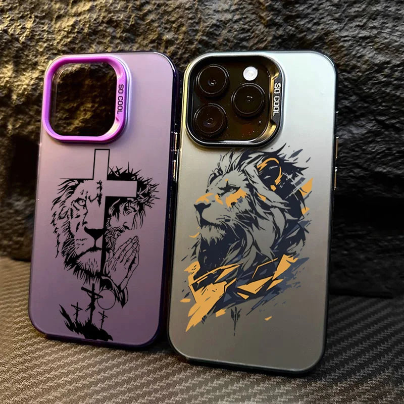 Cross Pattern Bicolor Lion Phone Case For iPhone 14 15 16 Pro Max Shockproof Anti Fall Back Cover