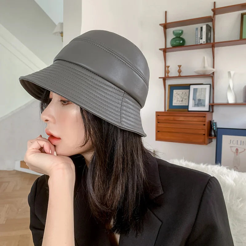 Bucket Hat Big Sun Shade 100% Genuine Leather Fisherman Caps Female Chic Grey Basin Casquette Street