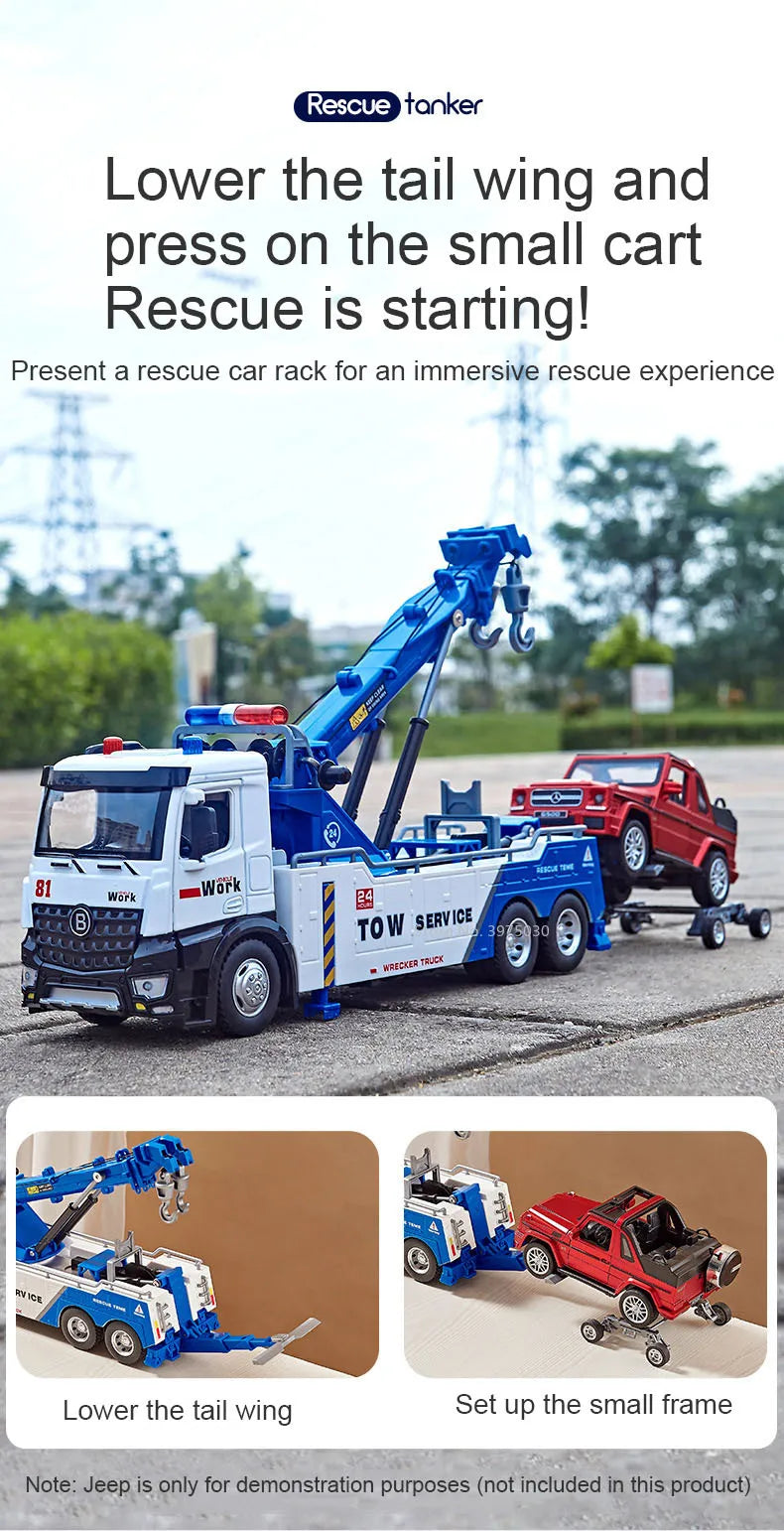 1/50 Scale Double Hook Rescue Crane Truck Alloy Model Toys Metal Diecast Engineering Vehicle Sound Light Gifts for Boys Birthday