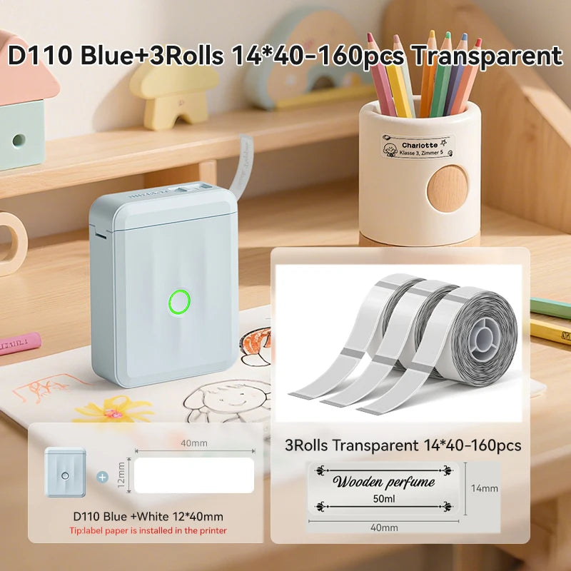 D110 Mini Thermal Label Printer, Bluetooth Portable Smart Label Maker 12–15mm, Inkless Sticker Printer for Home Office Kitchen School