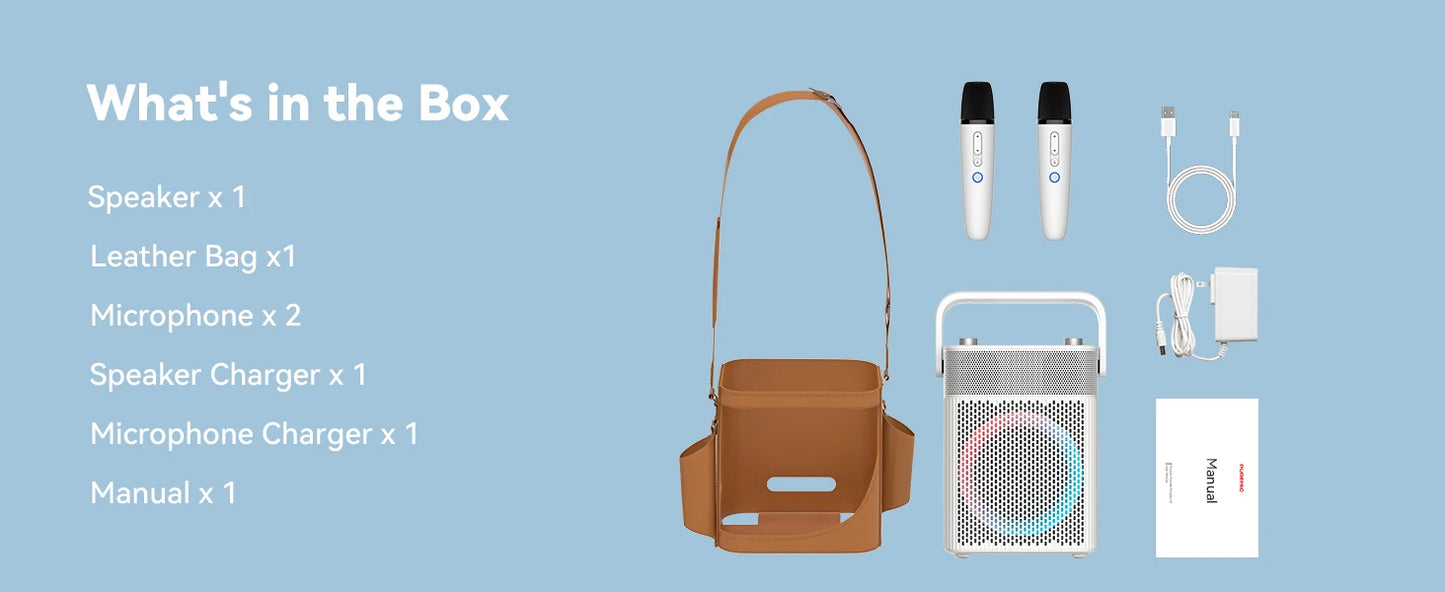 Portable Karaoke Machine with 2 UHF Wireless Microphones, Bluetooth Speaker with Leather Bag, IPX4 Waterproof, 18H Playtime, Extra Bass Sound