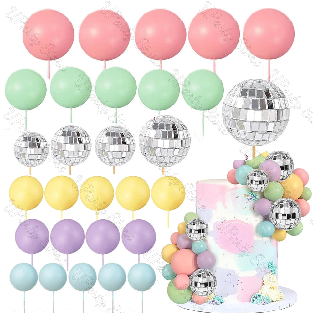 30Pcs Hot Pink Cake Balls Topper  Pink Silver Glitters Disco Balls Cake Toppers for Wedding Disco Birthday Cake Decor Supply