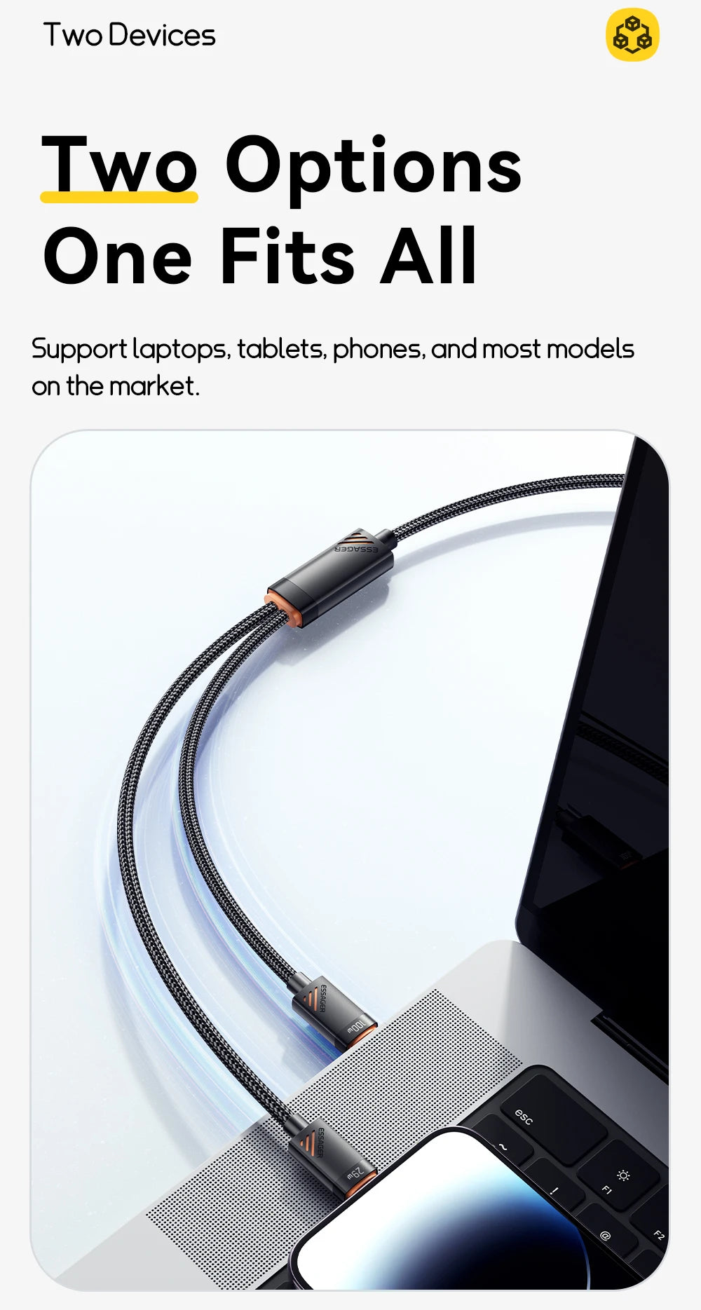 2-in-1 USB-C to USB-C + Lightning PD 100W Fast Charging Cable