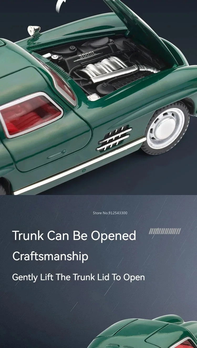 1:32 500K 300SL Vintage Car Model Toy Shock Absorption Alloy Diecast Vehicle Models Sound Light Pull Back Collection Gifts