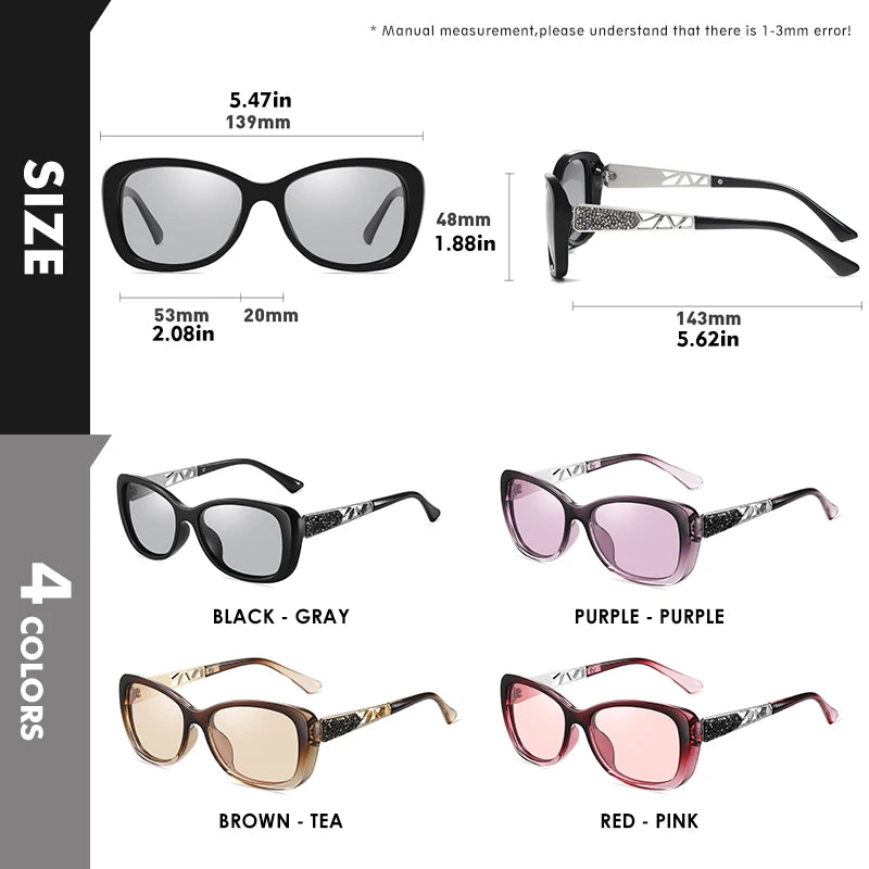 Diamond Frame Photochromic Polarized UV400 Fashion Sunglasses for Women Travel Glasses