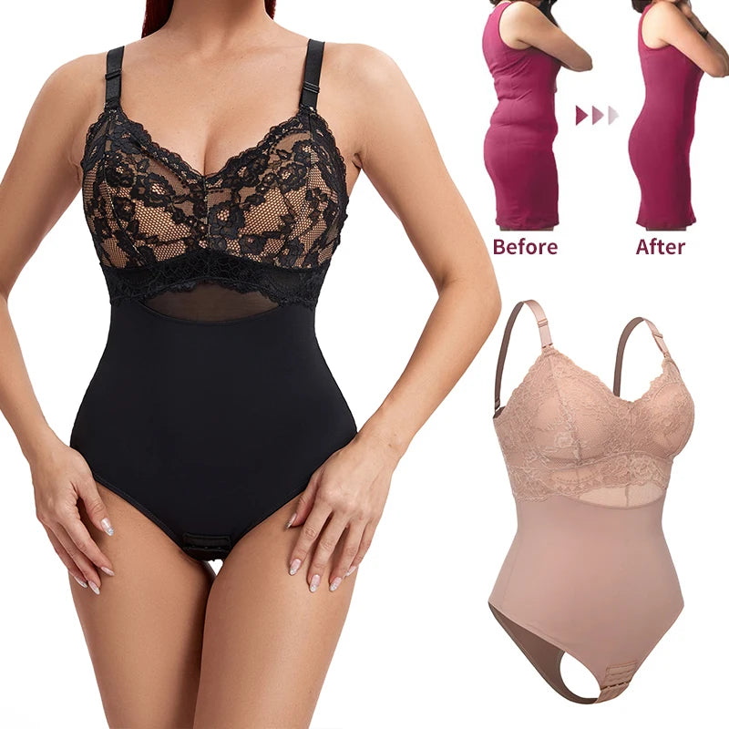 Lace Thongs Bodysuit Shapewear Women Seamless Full Body Shaper Waist Slim Tummy Control Underwear Flat Belly Smooth Corset Nude