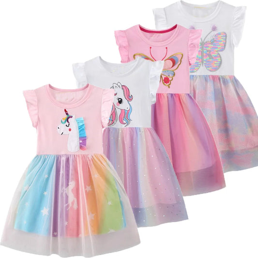 Unicorn Butterfly Princess Cotton Dress for Girls Summer Knee Length Dress