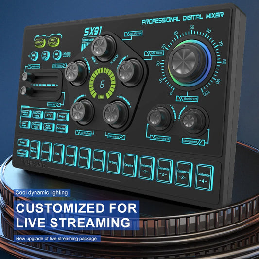 SX91 Audio Mixer With 48V Phantom Power Voice Changer And Podcast Sound Card