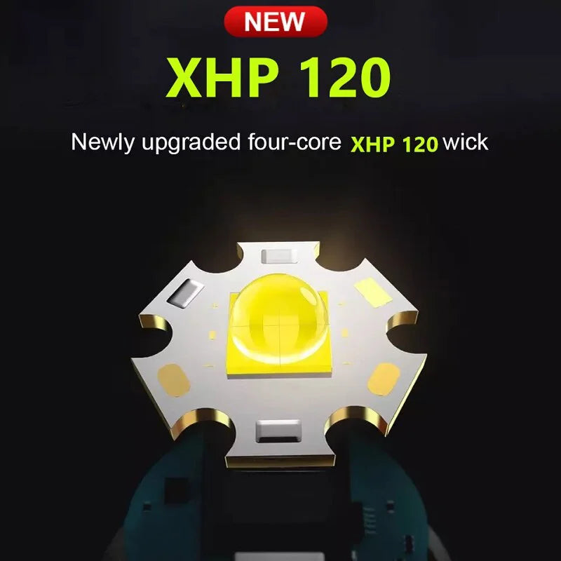 XHP120 LED Flashlight Rechargeable Zoom Tactical Torch with COB Side Light Power Bank Function