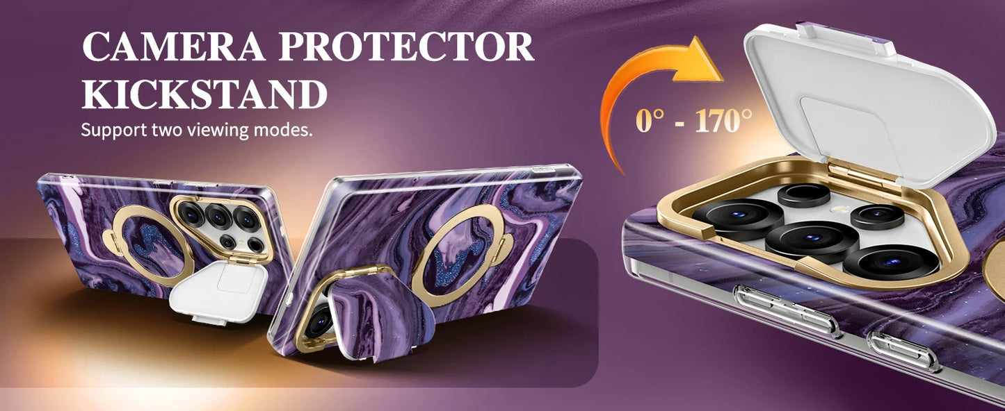 360° Spin  Stand for Samsung Galaxy S25 Ultra Case with Magsafe Marble Military Grade Protective Phone Cover