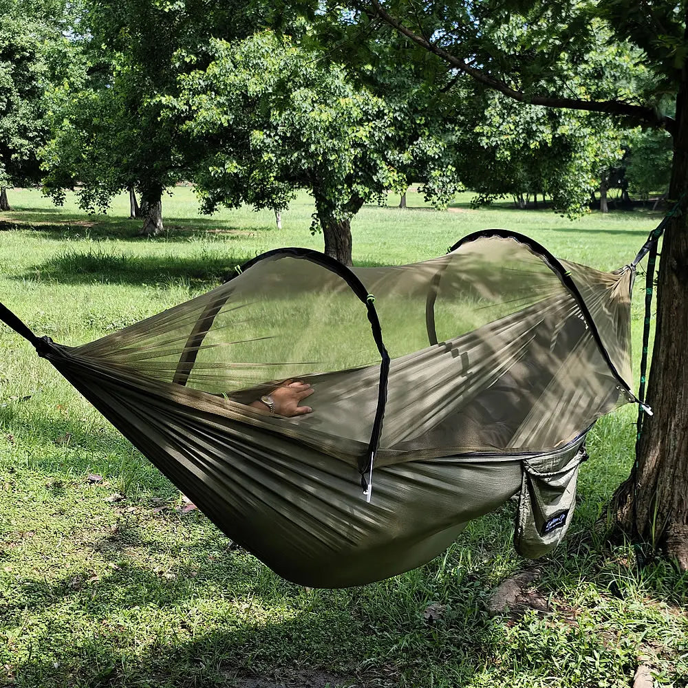 Portable Outdoor Camping Hammock with Mosquito Net and Canopy High Strength Parachute- Fabric Hanging Bed Hunting Sleeping Swing