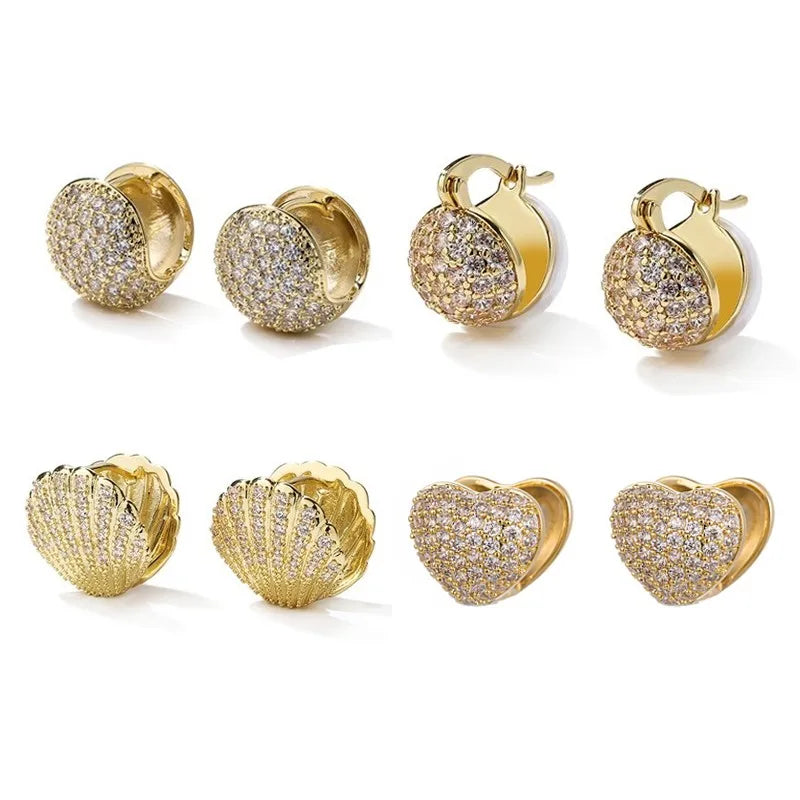 Gold Color Shell Shape CZ Stud Earrings for Women French Micro-inlaid Zircon Earring