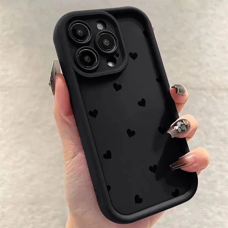 Black Love Heart Soft Matte Phone Case For iPhone 17 Air 14 Pro 16E Plus Cover For iPhone 15 16 17 Pro Max Cases