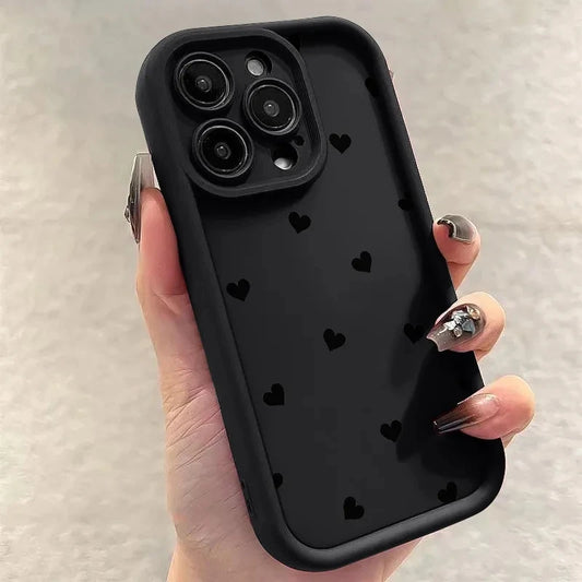 Black Love Heart Soft Matte Phone Case For iPhone 17 Air 14 Pro 16E Plus Cover For iPhone 15 16 17 Pro Max Cases