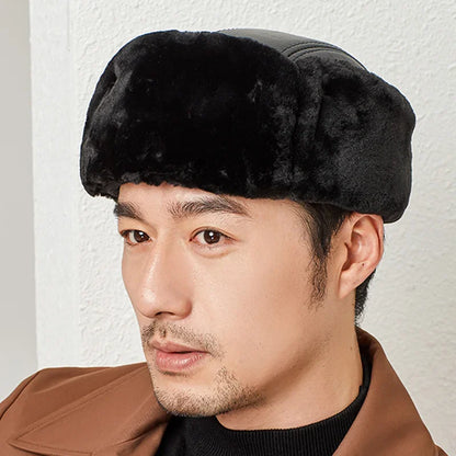 Winter Man Genuine Leather Cap Male Warm Faux Fur Inside Big Earflap Middle-Aged Elderly Father Lei Feng Hats Gorras Ear Cap