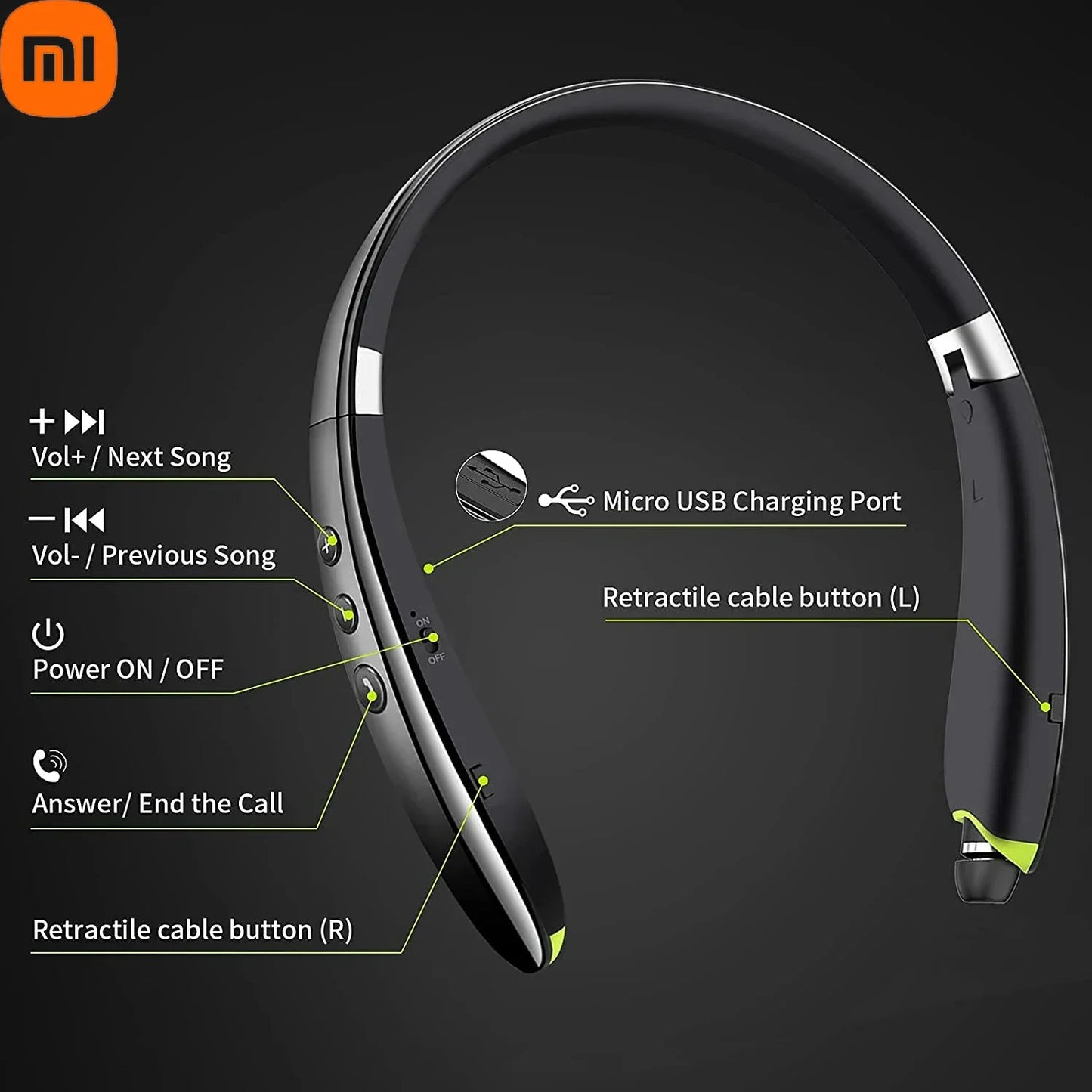 Xiaomi SX-991 Wireless Bluetooth Headset Neckband Foldable Headphones Retractable Earbuds Noise Cancelling Hifi Stereo Earphones