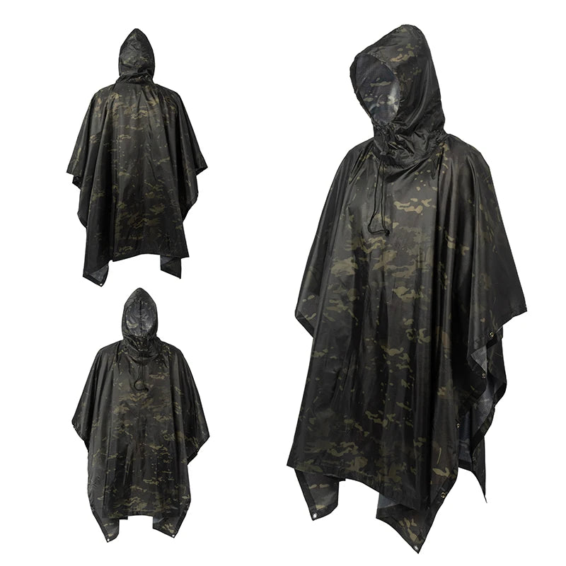 Waterproof Military Style Rain Poncho with Hood for Hiking and Camping