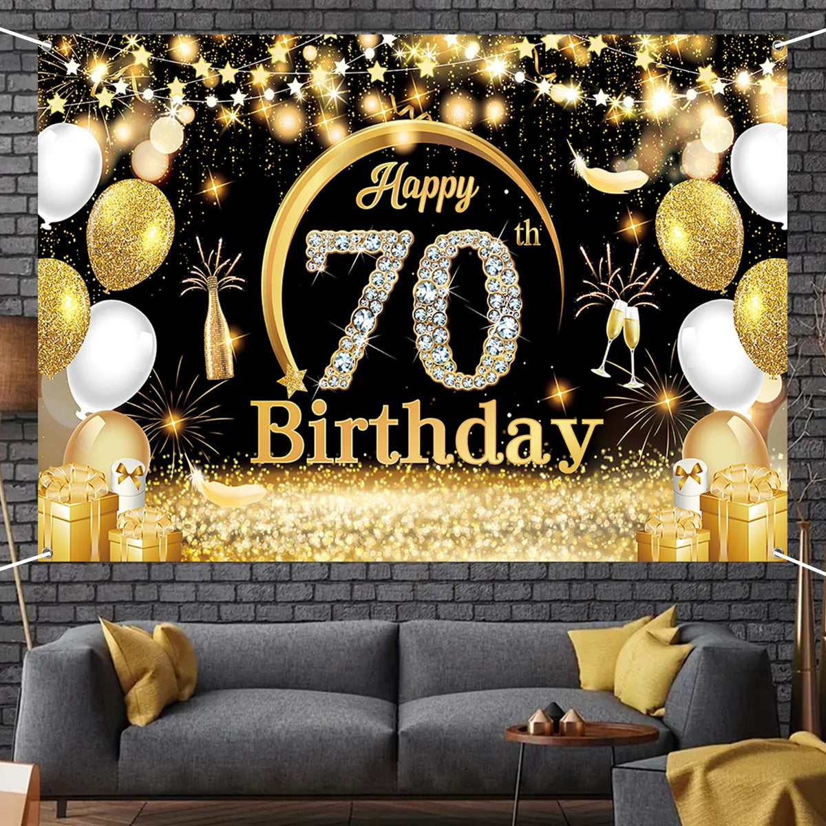 Black Gold Birthday Backdrop Happy 18th 70th Birthday Party Decoration Adult