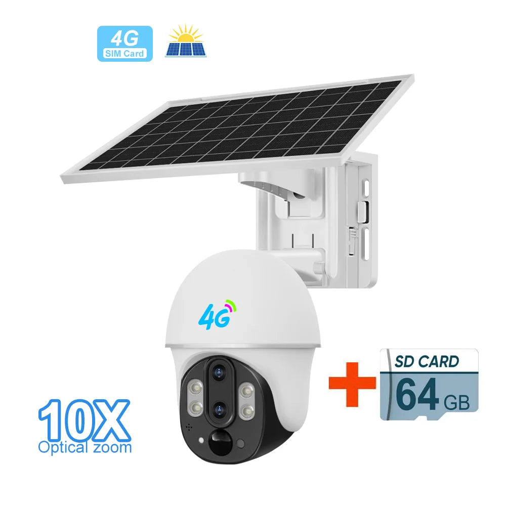 Outdoor Solar 4G Camera 10X Optical Zoom Night Vision Battery CCTV Monitor PIR Human Detection Waterproof Security Video Camera
