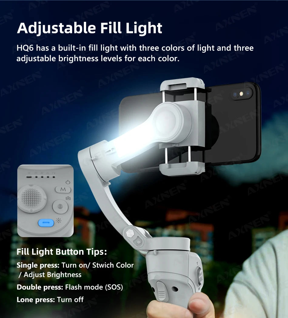 HQ6 3-Axis Gimbal Handheld Stabilizer for Cellphone, with Fill Light, Face Tracking, for iPhone Android Video Recording