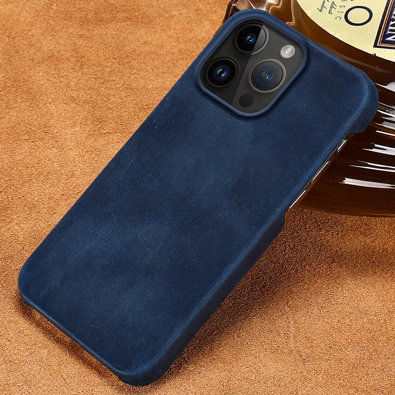 Retro Cowhide Phone Case for iPhone 16 15 14 Pro Max 16Pro 14Pro 15Pro Luxury Crazy Horse Genuine PULL-UP Leather Back Cover