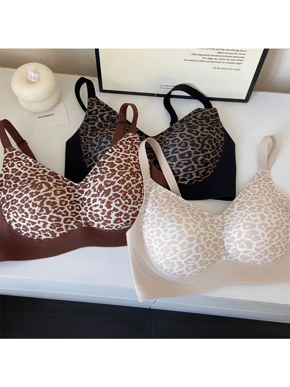 Womens Leopard Print Seamless Wireless Push Up Bra