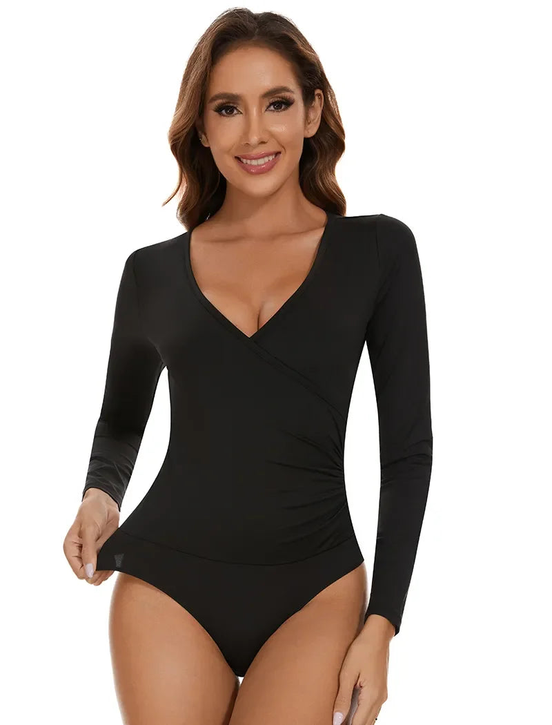 One-Piece Long Sleeve Bodysuit Shapewear for Women – V-Neck Tummy Control Body Shaper