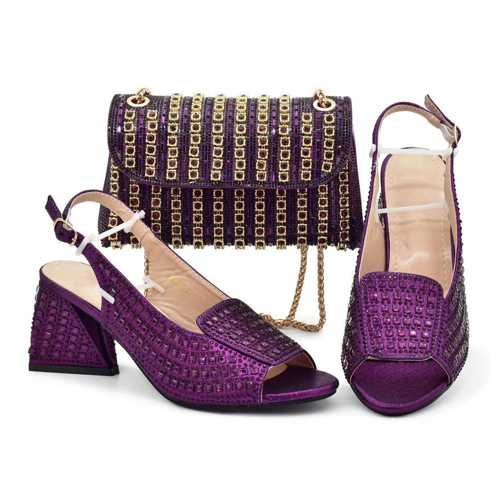Nigerian Women's Purple Color Mid Heels Frosted Crystal Shiny Rhinestone Party Itaian Design Peep Toe Shoes and Bag Set