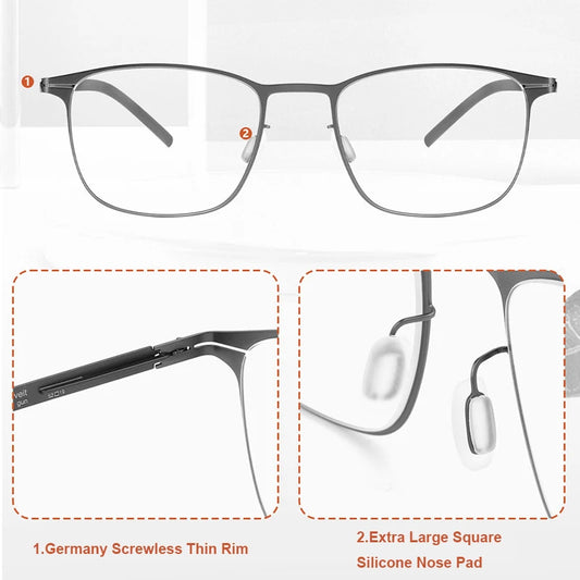 Mens Square Screwless Stainless Steel Eyeglasses Frame