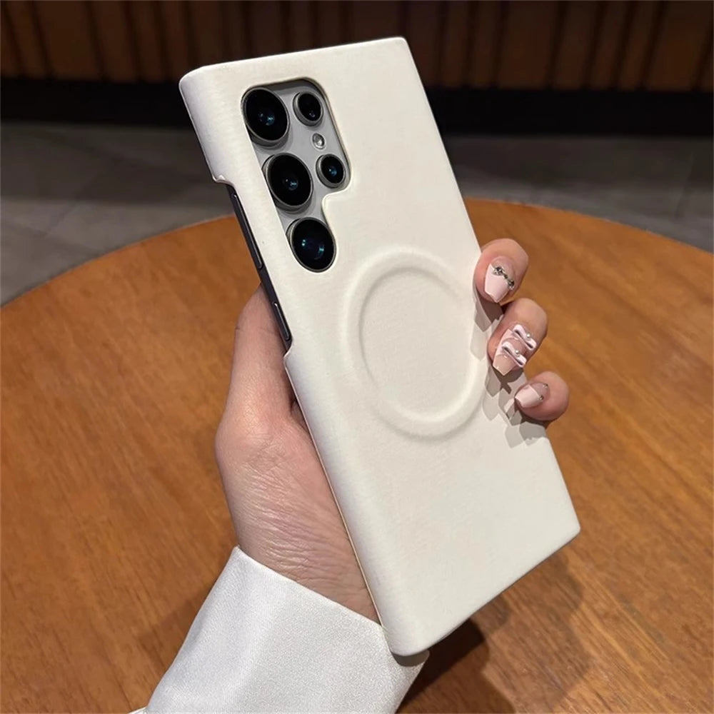 Luxury Leather  For MagSafe Wireless Charging Phone Case For Samsung S23 S24 S25 Ultra Lambskin Solid Color Hard Cover