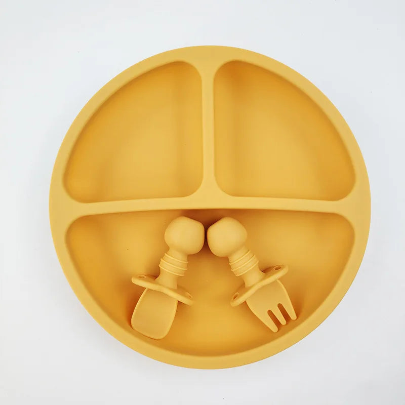 BPA Free Silicone  Plate with Spoon Fork Bibs  Dishes Safe  Dining Plate with Suction Smile Face Plates for s