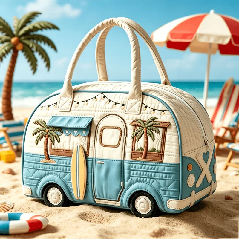 Bus Print Quilted Travel Duffle Bag Large Capacity Zipper Tote
