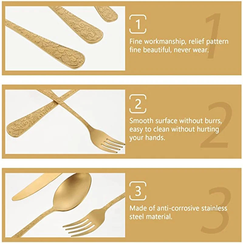 24pcs Golden Spoon Knife Fork Set Luxury Stainless Steel Tableware Set High-end Retro Complete Cutlery for 6 People Home Decor