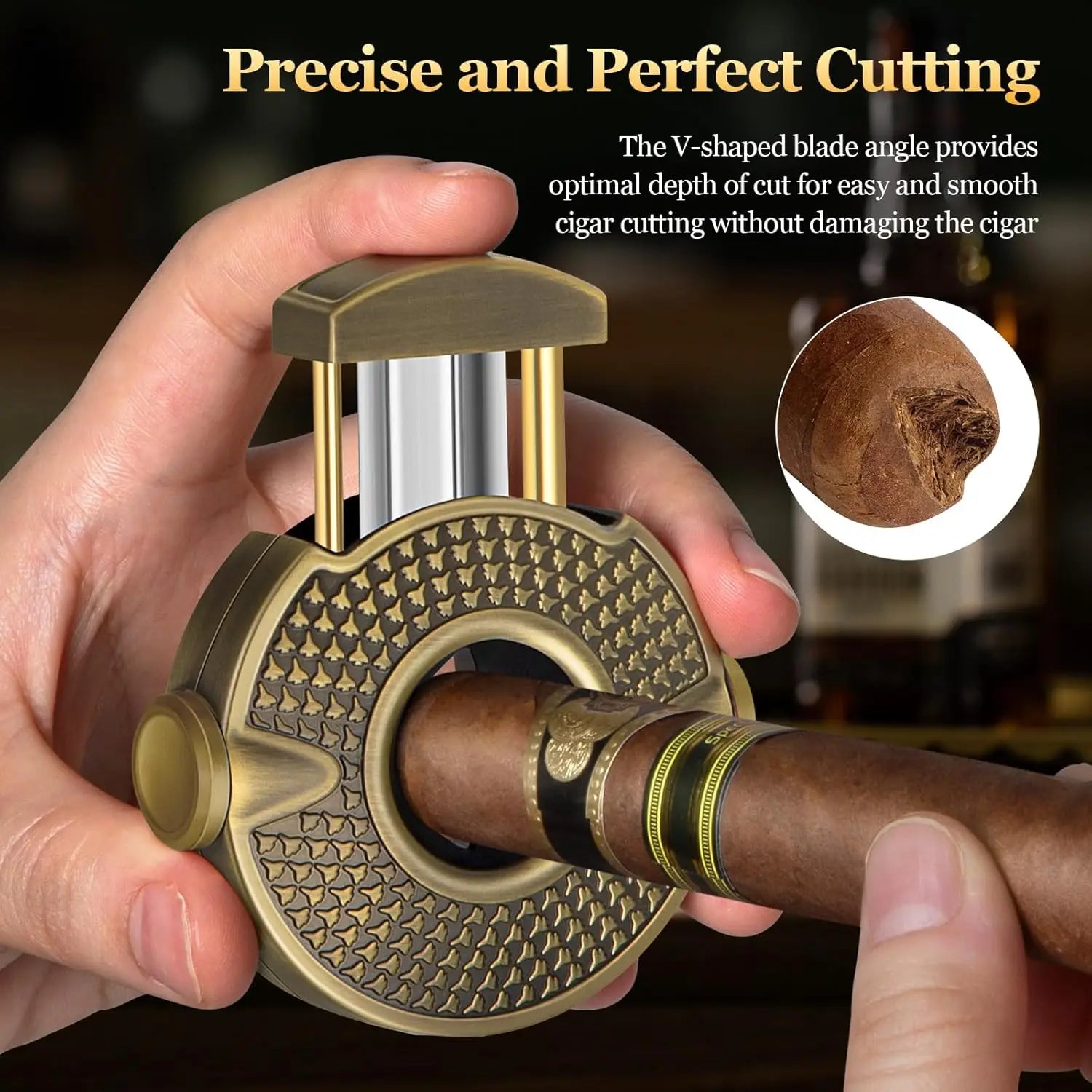 3-1 Cigar V Cutter with Stainless Steel Blade, Cigar Holder and Decompression Rotator, Round Cigar Cutter Ergonomically Designed
