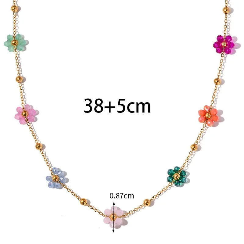 Exquisite Colorful Flower Chain Necklace Bracelet Set For Women Gold Plated Titanium Steel Daisy Choker Necklace