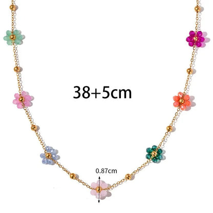 Exquisite Colorful Flower Chain Necklace Bracelet Set For Women Gold Plated Titanium Steel Daisy Choker Necklace